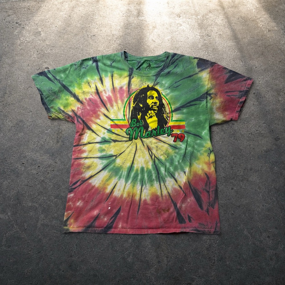 Zion Rootswear Bob Marley 79 Tie Dye Graphic T-Shirt Rasta Retro XL Baggy 90s